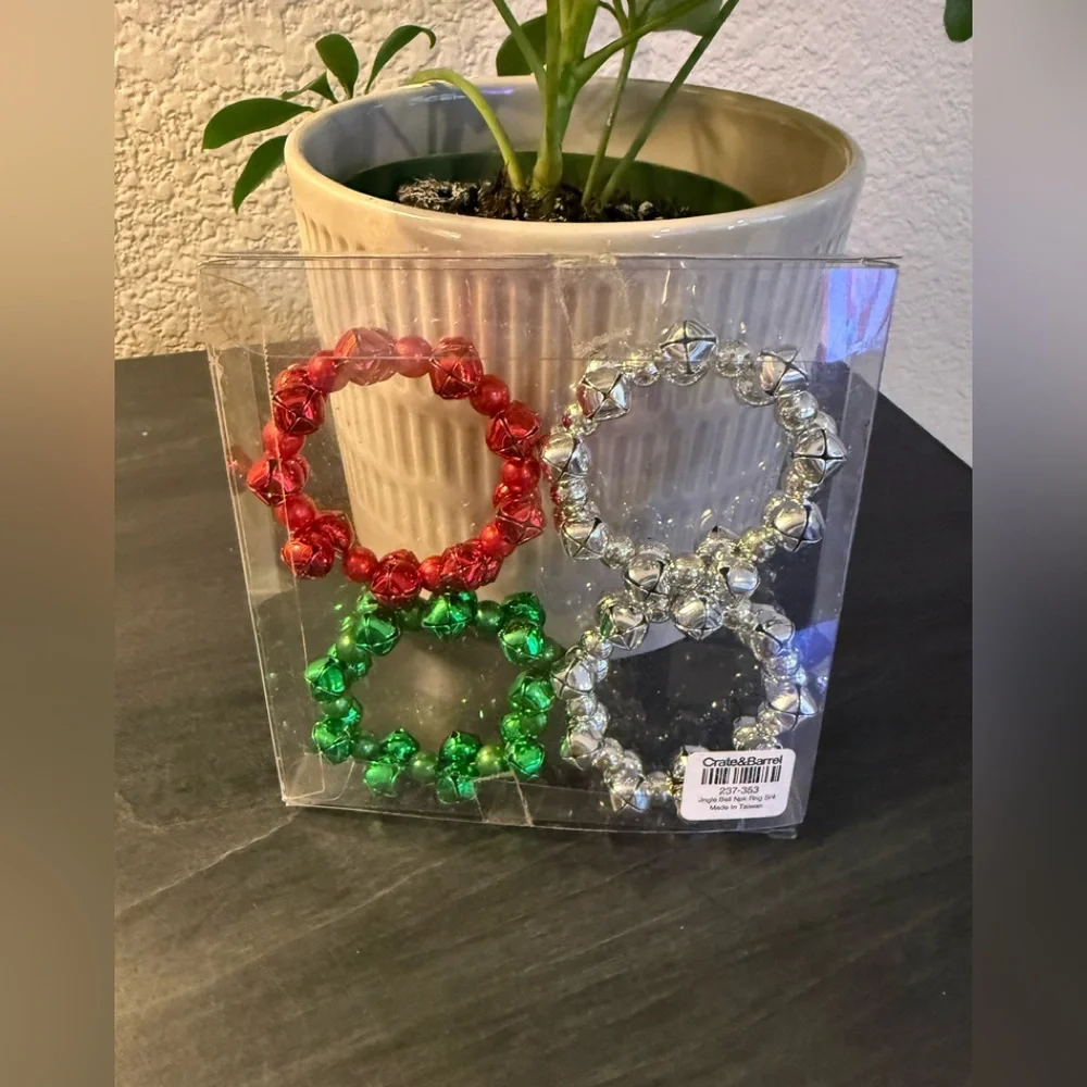 NEW Crate&Barrel Silver, Red, and Green Jingle Bell Napkin Rings